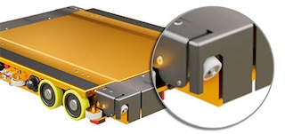 Pallet Shuttle 3D-l on neli vahekäigu juhtrullikut