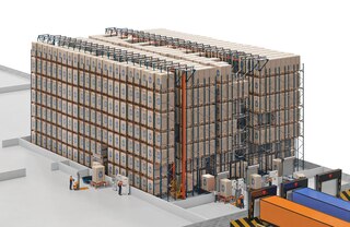 Automaatse Pallet Shuttle’i süsteemis saavad koormad siseneda ja väljuda eesmiste konveierite ja külgede kaudu