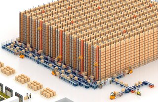 Kolmesuunalisi virnastuskraanasid täiendab sageli kaubaaluste konveiersüsteem, mis paigaldatakse riiulite ette