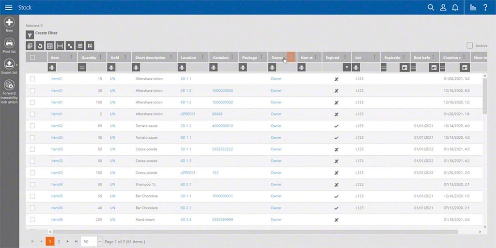 Easy WMSi ekraanipilt, mis näitab laos olevate varude loendit