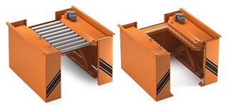 Rullikutega hüdraulilised tõstuklauad tõstavad kaubaühikud põranda tasapinnalt konveieriahela kõrgusele