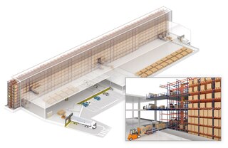 Kaubaaluste virnastuskraanad ühilduvad riiulisüsteemidega, millel on asukohtadele mitmelt tasandilt juurdepääs