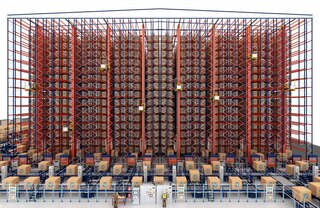 Kaubaaluste virnastuskraanad ulatuvad riiulitele tuginevates laohoonetes märkimisväärsete kõrgusteni