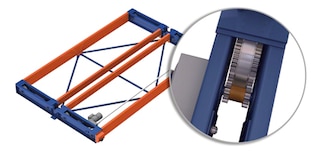 Topelthammasrattaga käigud võimaldavad süsteemi Movirack kelkudel ühtlaselt liikuda